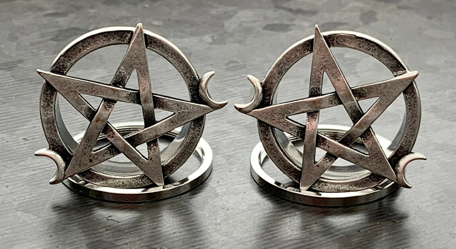 PAIR of Unique Pentagram with Two Crescent Moons Screw Fit Tunnels/Plugs - Gauges 0g (8mm) thru 1" (25mm) available!
