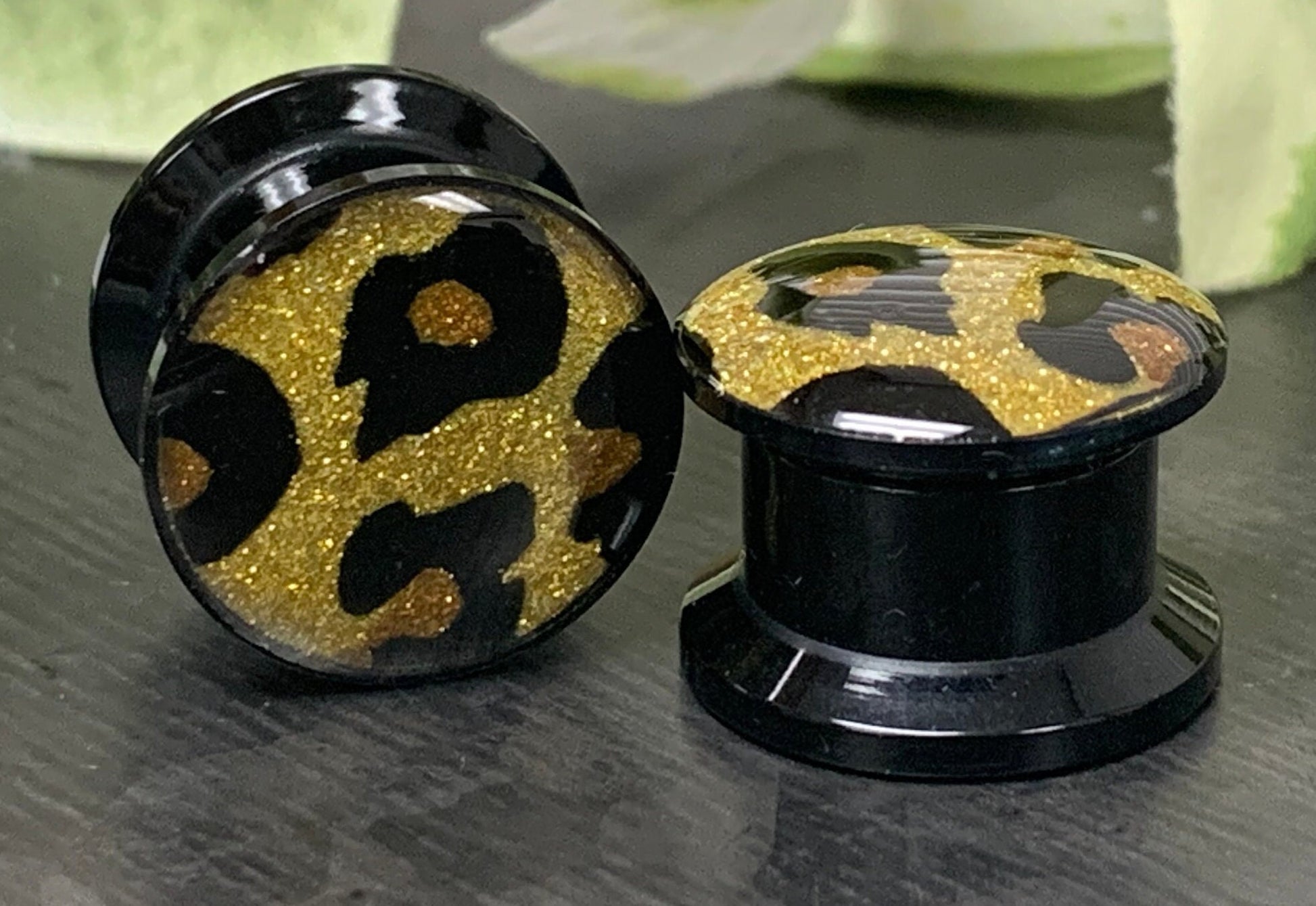 PAIR of Stunning Glitter Leopard Print Acrylic Screw Fit Stash Plugs - Gauges 2g (6mm) thru 5/8" (16mm) available!