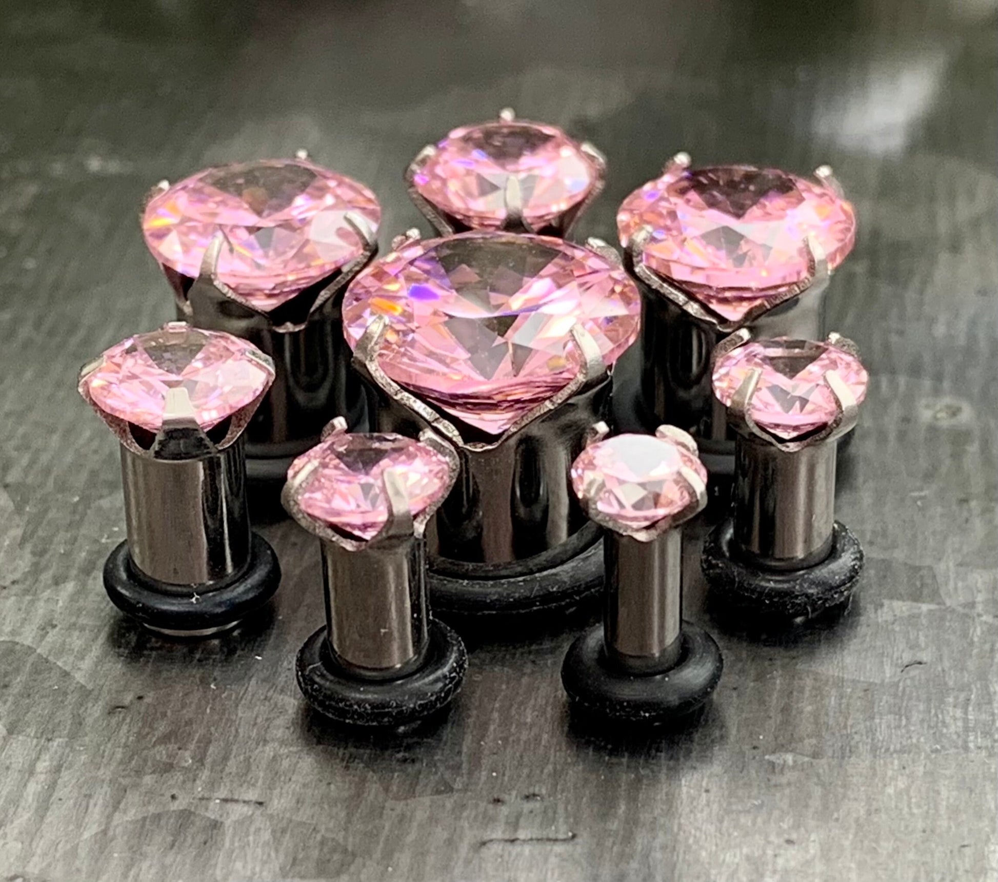 PAIR of CZ Gem Single Flare Steel Hollow Tunnels/Plugs w/O-Ring - Aurora Borealis, Clear Pink - Gauges 8g (3mm) thru 5/8" (16mm) available!