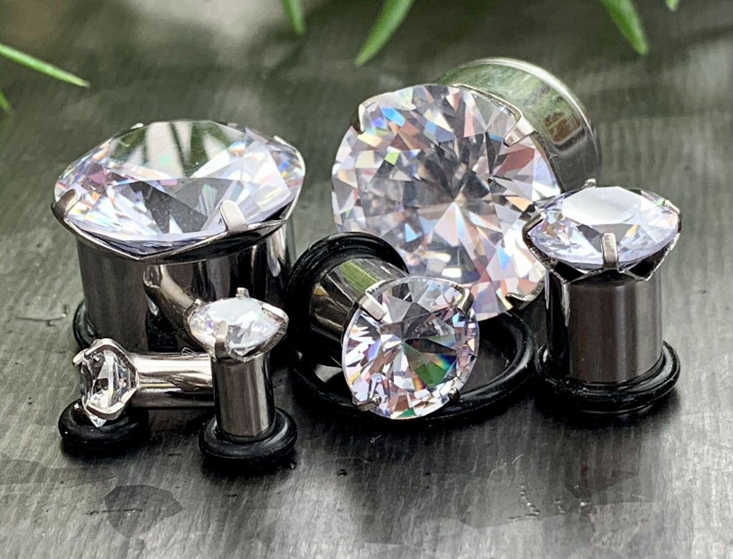 PAIR of CZ Gem Single Flare Steel Hollow Tunnels/Plugs w/O-Ring - Aurora Borealis, Clear Pink - Gauges 8g (3mm) thru 5/8" (16mm) available!