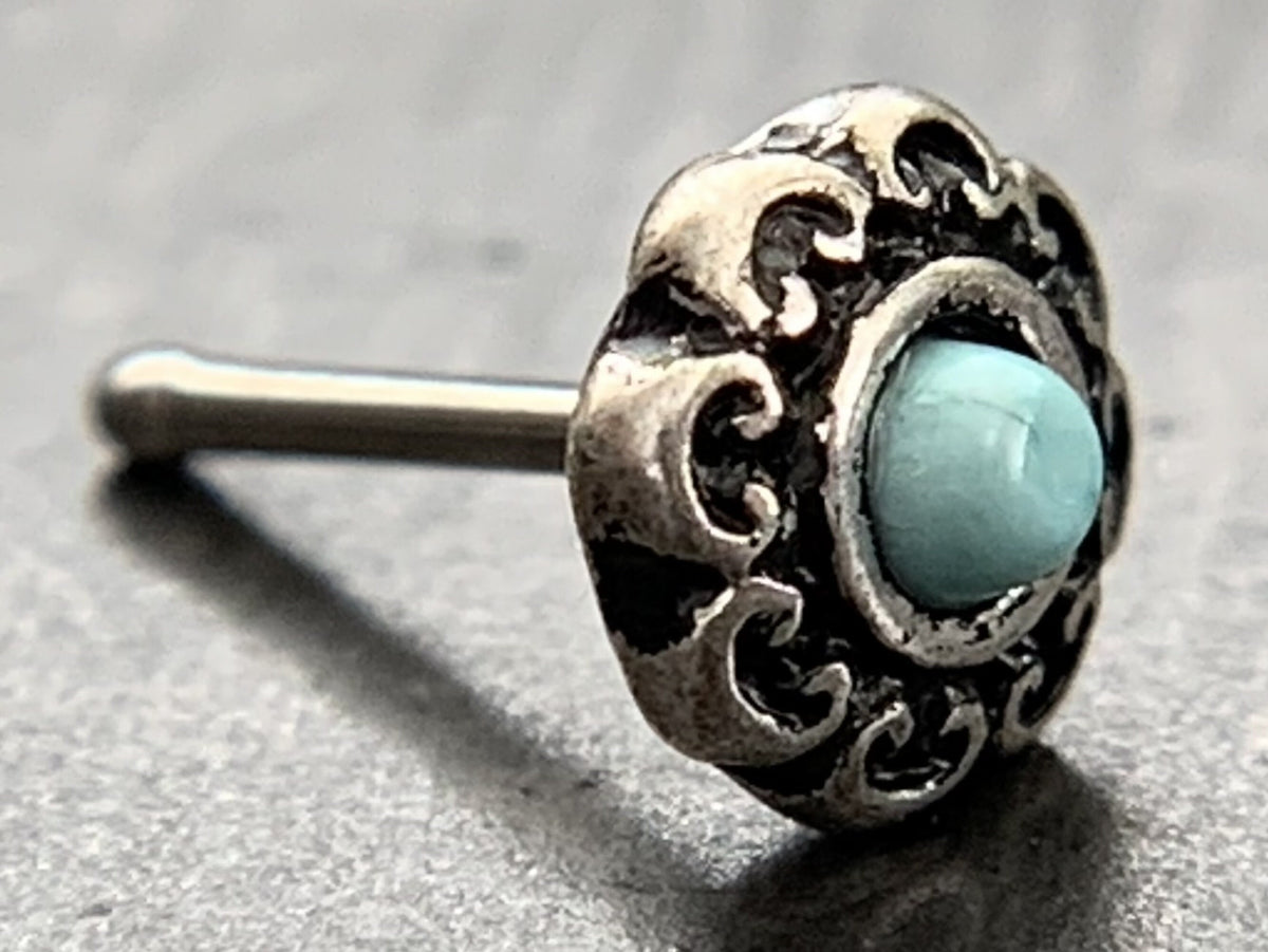 1 Piece Stunning Opal Tribal Heart Filigree Nose Stud/Ring - Antique Gold or Silver Plated - 20g - White, Blue or Pink Available!