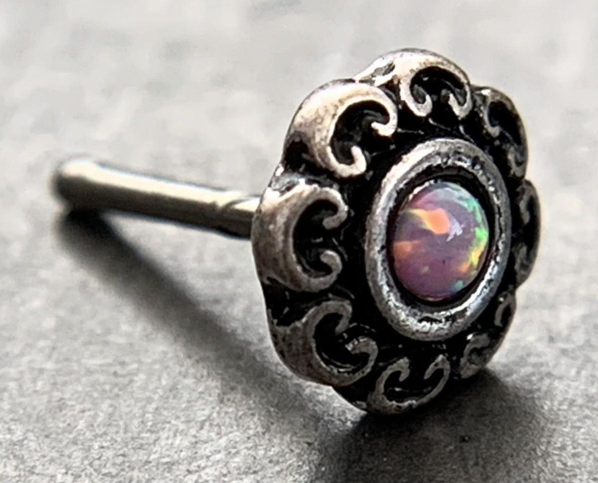 1 Piece Stunning Opal Tribal Heart Filigree Nose Stud/Ring - Antique Gold or Silver Plated - 20g - White, Blue or Pink Available!
