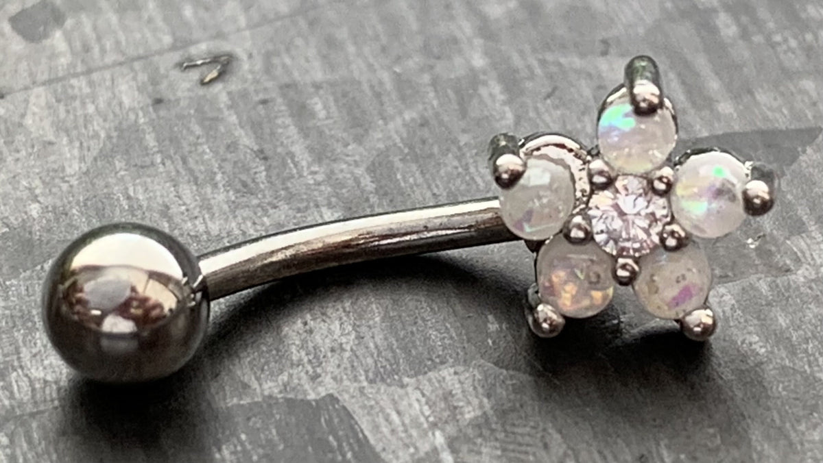 1 Piece Brilliant Opal Glitter Flower Curved Barbell Eyebrow Ring - 16g - Length 8mm - White, Blue and Pink Available!
