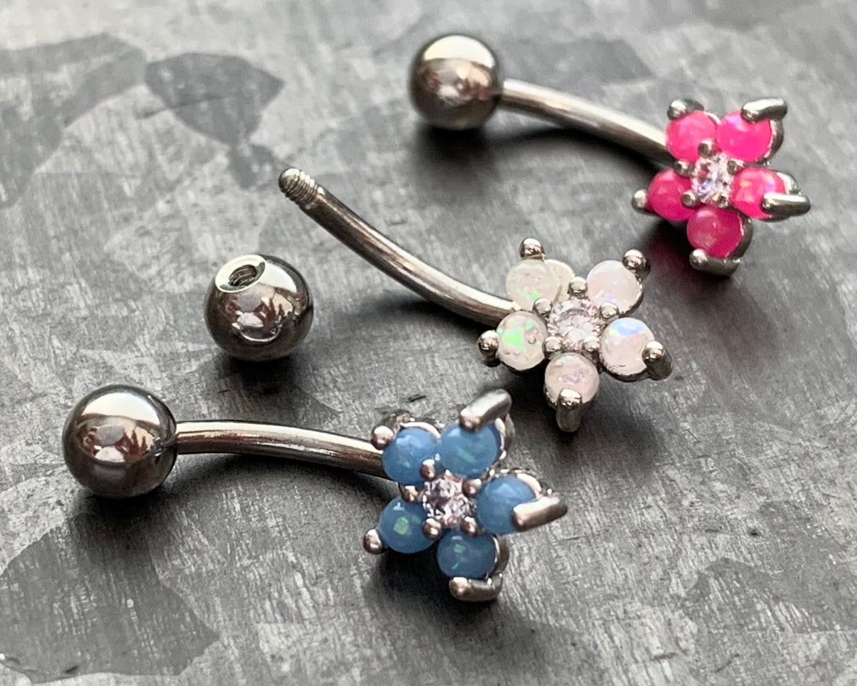 1 Piece Brilliant Opal Glitter Flower Curved Barbell Eyebrow Ring - 16g - Length 8mm - White, Blue and Pink Available!