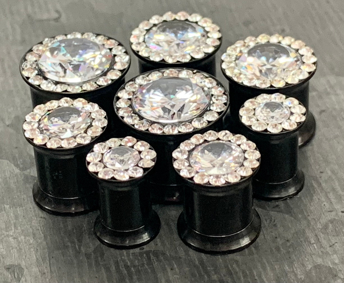 PAIR of Large CZ Gem Rimmed Internally Threaded Tunnels/Plugs - Gauge 2g (6mm) thru 0000g (12mm) in Black, Gold, Rose Gold and Silver!