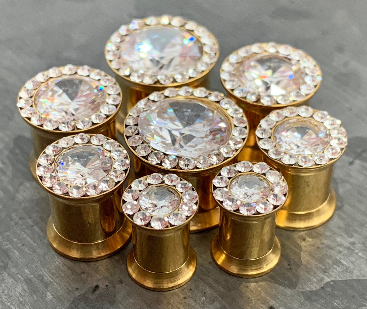 PAIR of Large CZ Gem Rimmed Internally Threaded Tunnels/Plugs - Gauge 2g (6mm) thru 0000g (12mm) in Black, Gold, Rose Gold and Silver!
