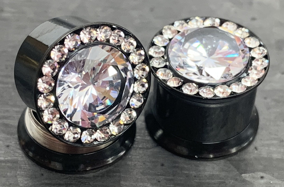 PAIR of Large CZ Gem Rimmed Internally Threaded Tunnels/Plugs - Gauge 2g (6mm) thru 0000g (12mm) in Black, Gold, Rose Gold and Silver!