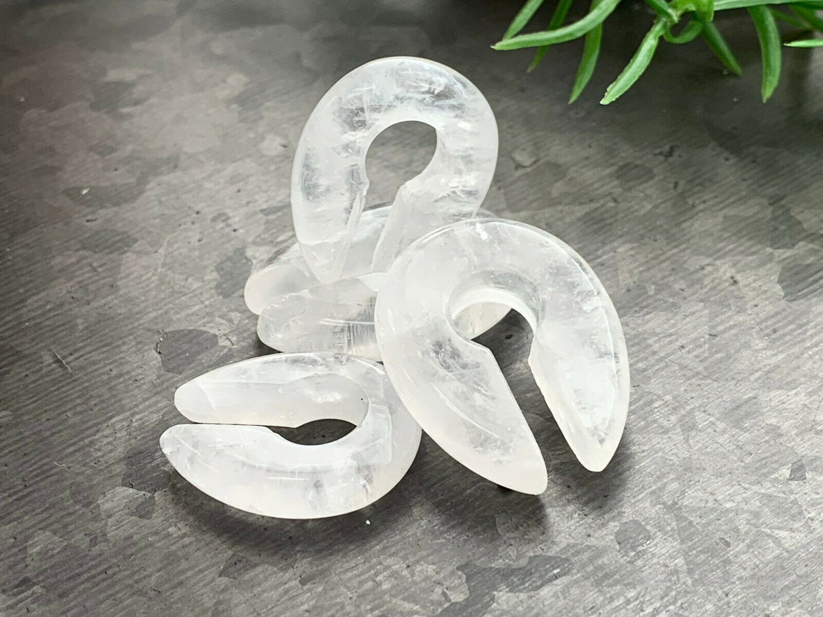 PAIR of Stunning Clear Quartz Stone Keyhole Hanger Ear Weight Tunnels/Plugs - Gauge2g (6.5mm) thru 00g (10mm) available!
