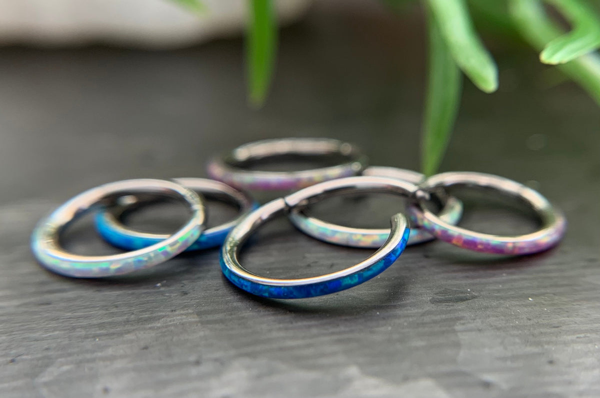 1 Piece Implant Grade Titanium Opal Outer Edge Hinged Segment Septum Ring - White, Pink, Blue - Gauge 16g, Diameter 10mm or 8mm available!