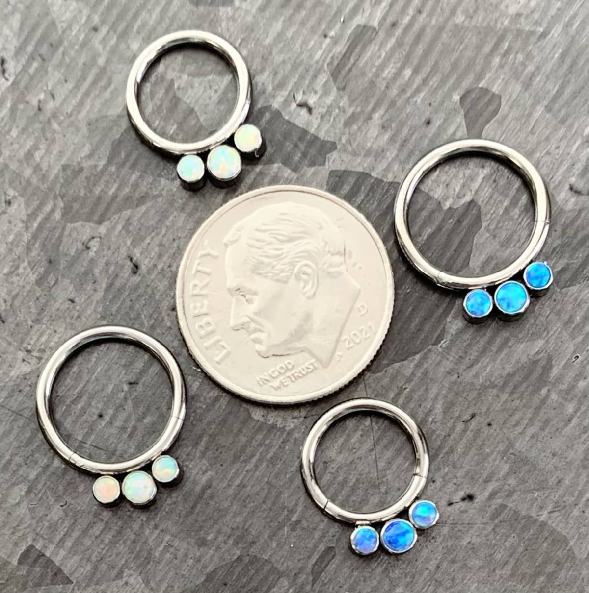 1 Piece Solid Titanium 3 Bezel Set Opals Hinged Segment Septum Ring - White or Blue - 16g, Diameter 10mm or 8mm available!