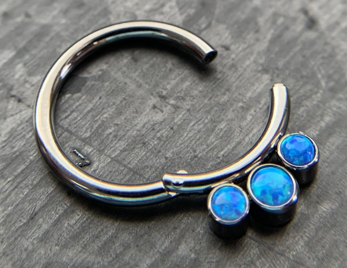 1 Piece Solid Titanium 3 Bezel Set Opals Hinged Segment Septum Ring - White or Blue - 16g, Diameter 10mm or 8mm available!