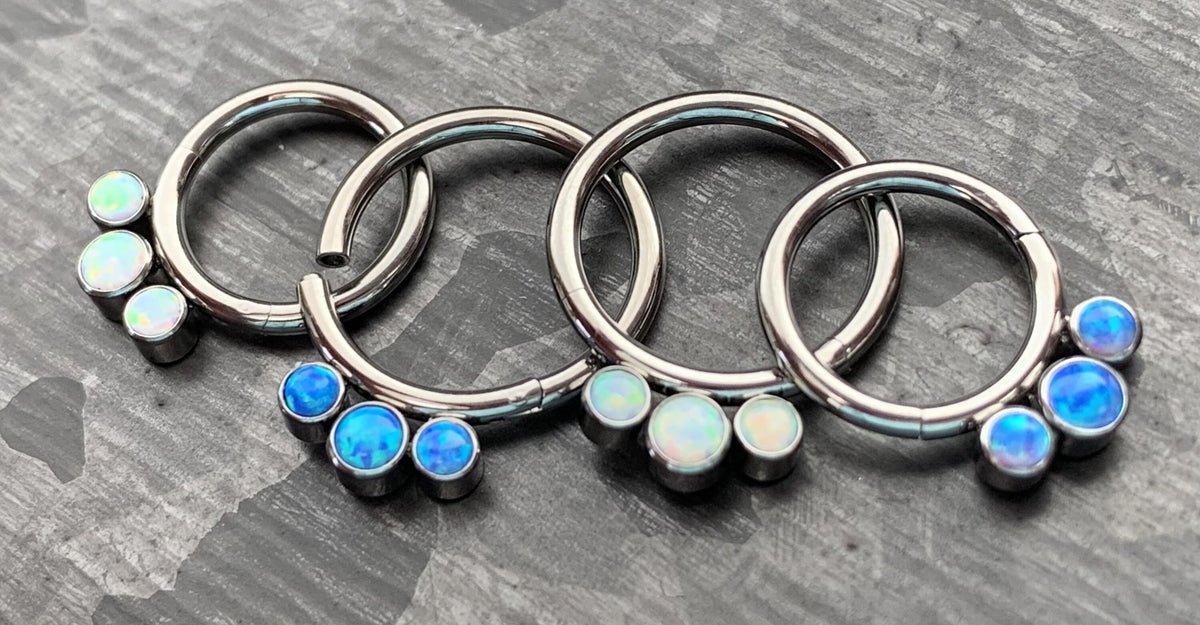 1 Piece Solid Titanium 3 Bezel Set Opals Hinged Segment Septum Ring - White or Blue - 16g, Diameter 10mm or 8mm available!