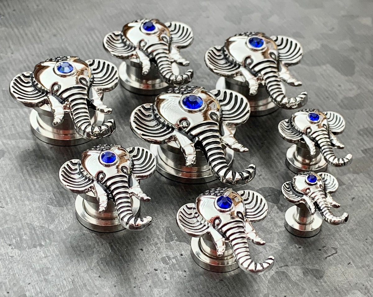 PAIR of Stunning Elephant with Sapphire Blue CZ Gem Top Gold or Steel Screw Fit Tunnel/Plugs - Gauges 8g (3mm) thru 5/8" (16mm) available!