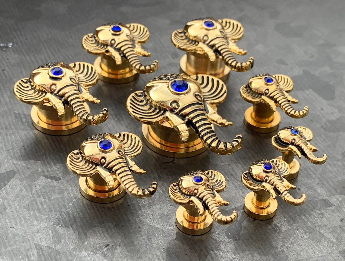 PAIR of Stunning Elephant with Sapphire Blue CZ Gem Top Gold or Steel Screw Fit Tunnel/Plugs - Gauges 8g (3mm) thru 5/8" (16mm) available!