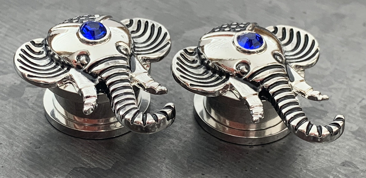 PAIR of Stunning Elephant with Sapphire Blue CZ Gem Top Gold or Steel Screw Fit Tunnel/Plugs - Gauges 8g (3mm) thru 5/8" (16mm) available!