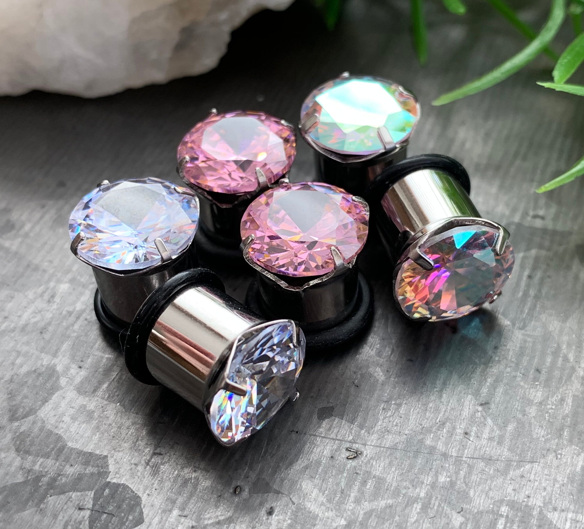 PAIR of CZ Gem Single Flare Steel Hollow Tunnels/Plugs w/O-Ring - Aurora Borealis, Clear Pink - Gauges 8g (3mm) thru 5/8" (16mm) available!