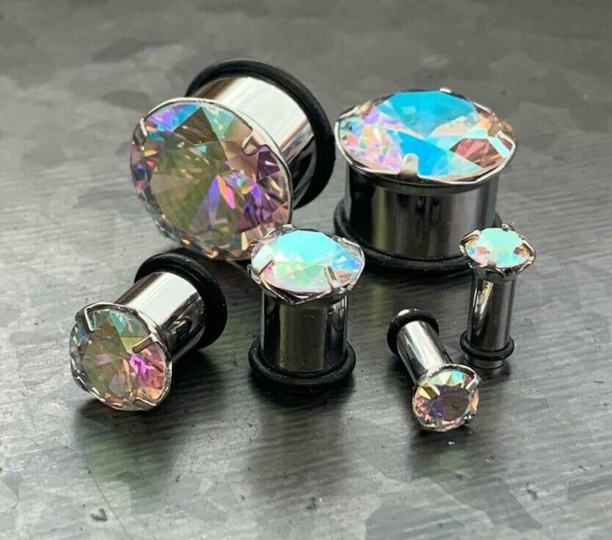 PAIR of CZ Gem Single Flare Steel Hollow Tunnels/Plugs w/O-Ring - Aurora Borealis, Clear Pink - Gauges 8g (3mm) thru 5/8" (16mm) available!