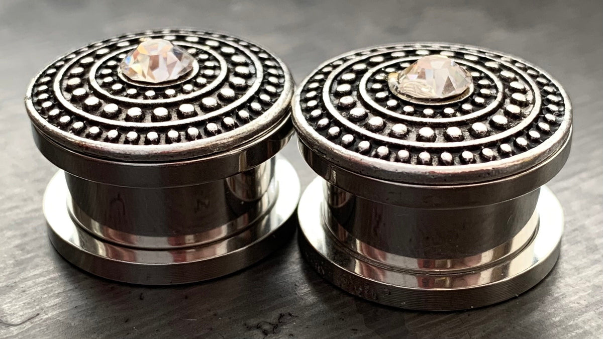 PAIR of Unique Shield Center CZ Gem Double Flare Gold or Silver Steel Tunnels/Plugs - Gauges 4g (5mm) thru 5/8" (16mm) Available!