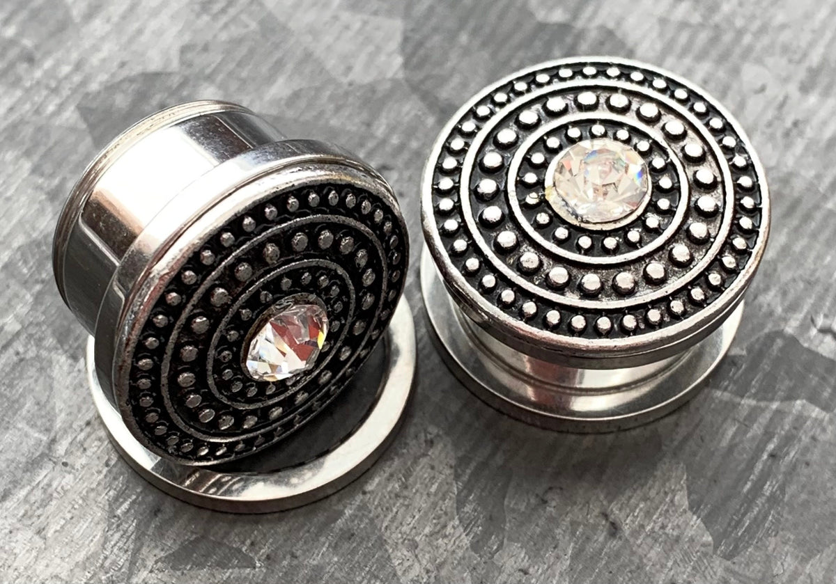 PAIR of Unique Shield Center CZ Gem Double Flare Gold or Silver Steel Tunnels/Plugs - Gauges 4g (5mm) thru 5/8" (16mm) Available!