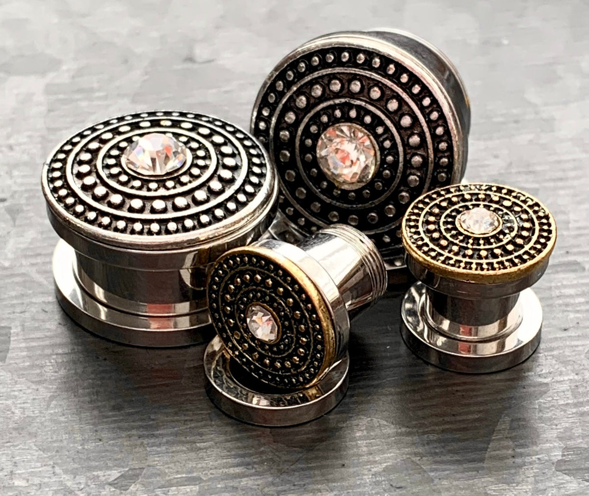 PAIR of Unique Shield Center CZ Gem Double Flare Gold or Silver Steel Tunnels/Plugs - Gauges 4g (5mm) thru 5/8" (16mm) Available!