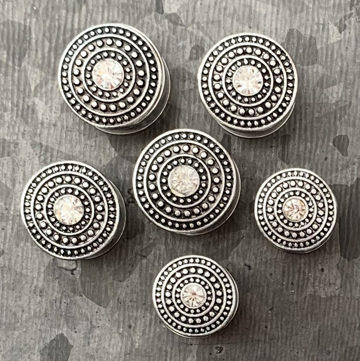 PAIR of Unique Shield Center CZ Gem Double Flare Gold or Silver Steel Tunnels/Plugs - Gauges 4g (5mm) thru 5/8" (16mm) Available!