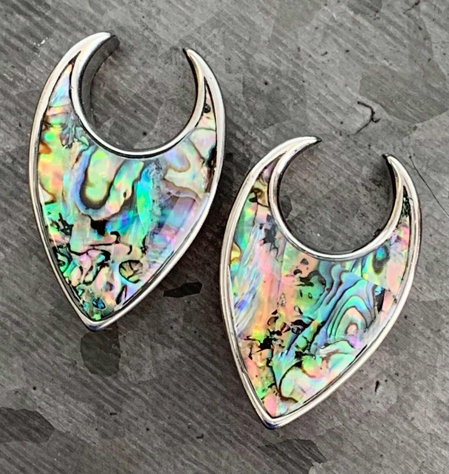 PAIR of Stunning Abalone Tear Drop Surgical Steel Saddle Ear Spreader Tunnels/Plugs/Hangers - Gauges 0g (8mm) thru 5/8" (16mm) available!