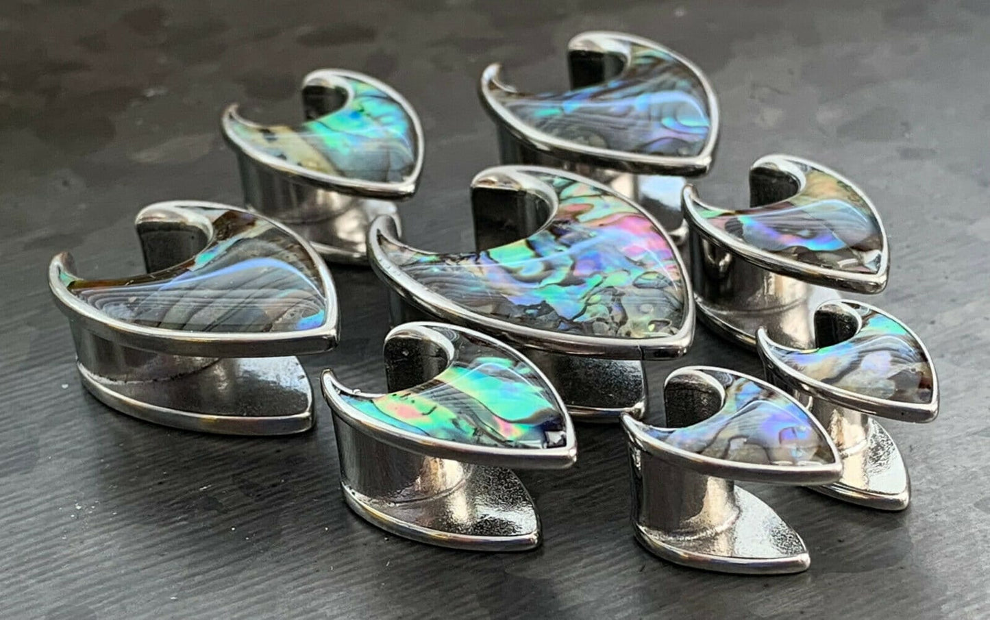 PAIR of Stunning Abalone Tear Drop Surgical Steel Saddle Ear Spreader Tunnels/Plugs/Hangers - Gauges 0g (8mm) thru 5/8" (16mm) available!