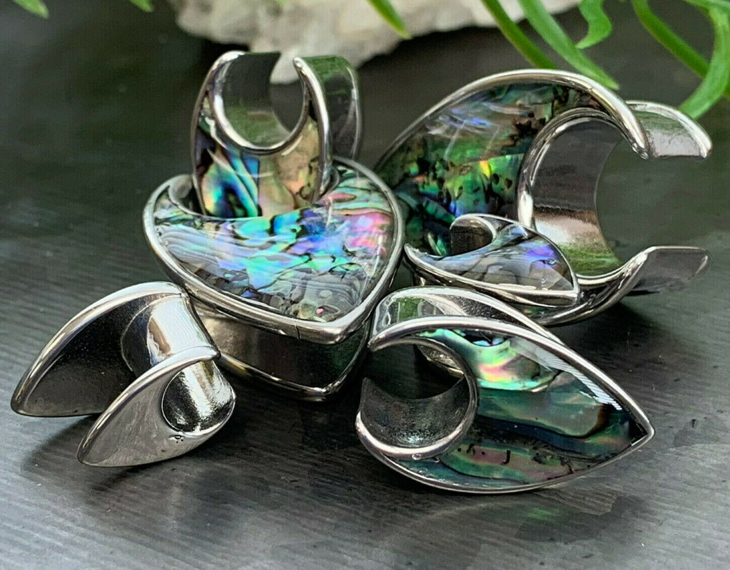 PAIR of Stunning Abalone Tear Drop Surgical Steel Saddle Ear Spreader Tunnels/Plugs/Hangers - Gauges 0g (8mm) thru 5/8" (16mm) available!