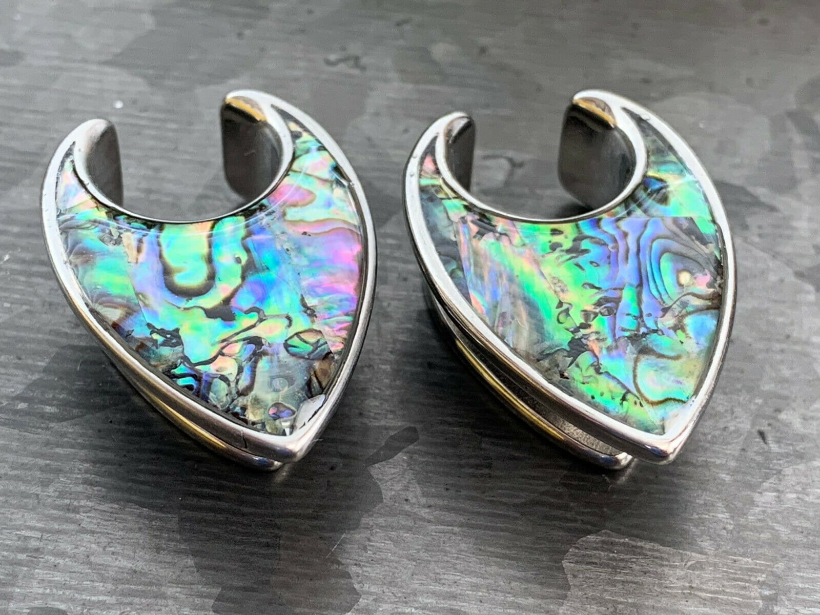 PAIR of Stunning Abalone Tear Drop Surgical Steel Saddle Ear Spreader Tunnels/Plugs/Hangers - Gauges 0g (8mm) thru 5/8" (16mm) available!