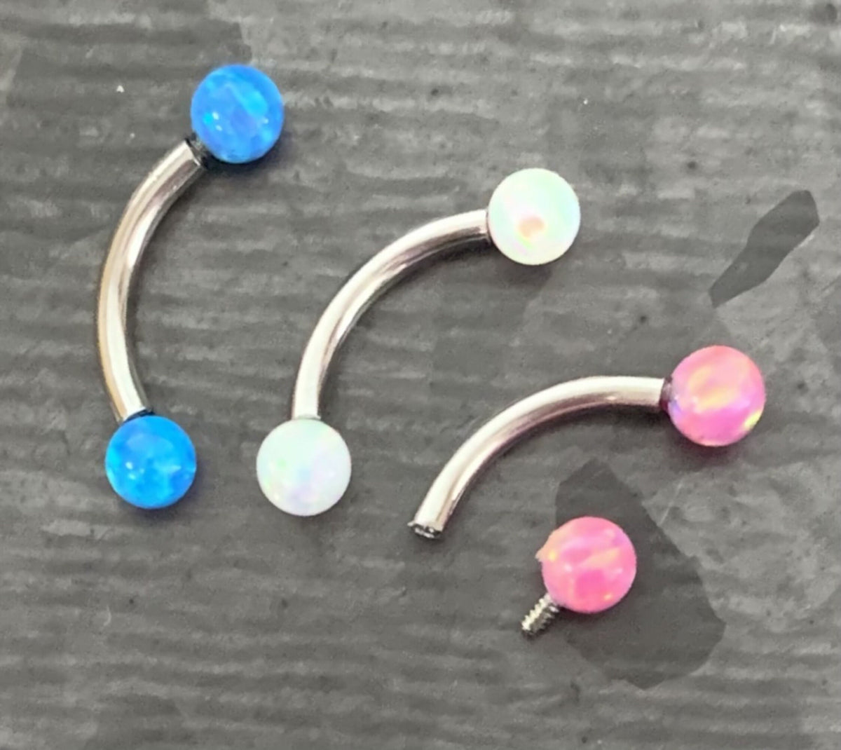 1 Piece Opal Balls Curved Surgical Steel Eyebrow Ring - 16g, 5/16" (8mm) - Blue, Pink or White - YOU Choose Color!!!