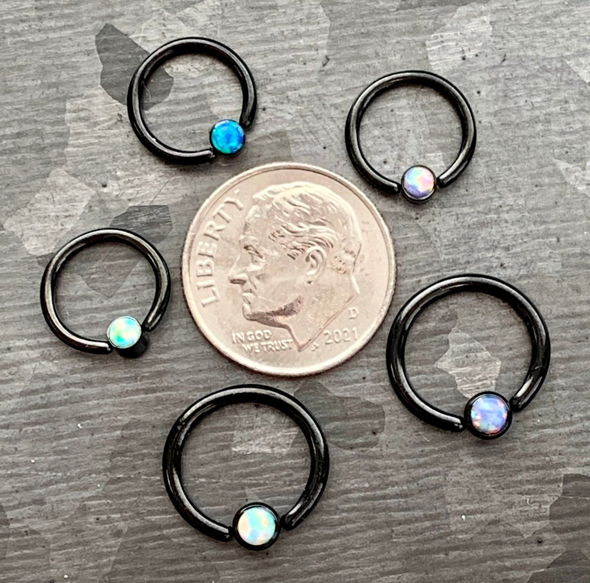 1 Piece Stunning Black Opal Set Flat-Back Black Plated Segment Septum Ring - 16g or 14g - 8mm or 10mm - White, Purple, Blue Available!