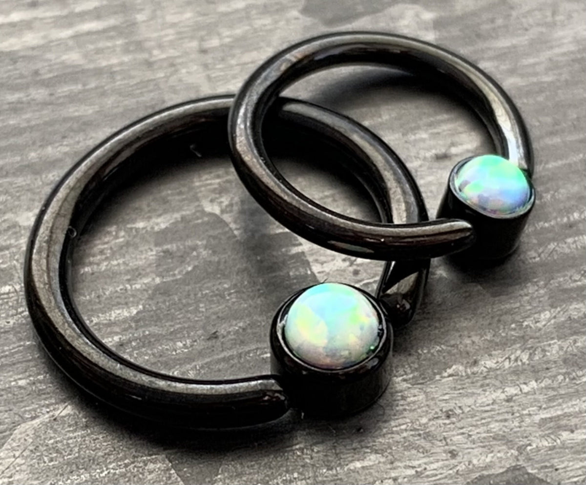 1 Piece Stunning Black Opal Set Flat-Back Black Plated Segment Septum Ring - 16g or 14g - 8mm or 10mm - White, Purple, Blue Available!