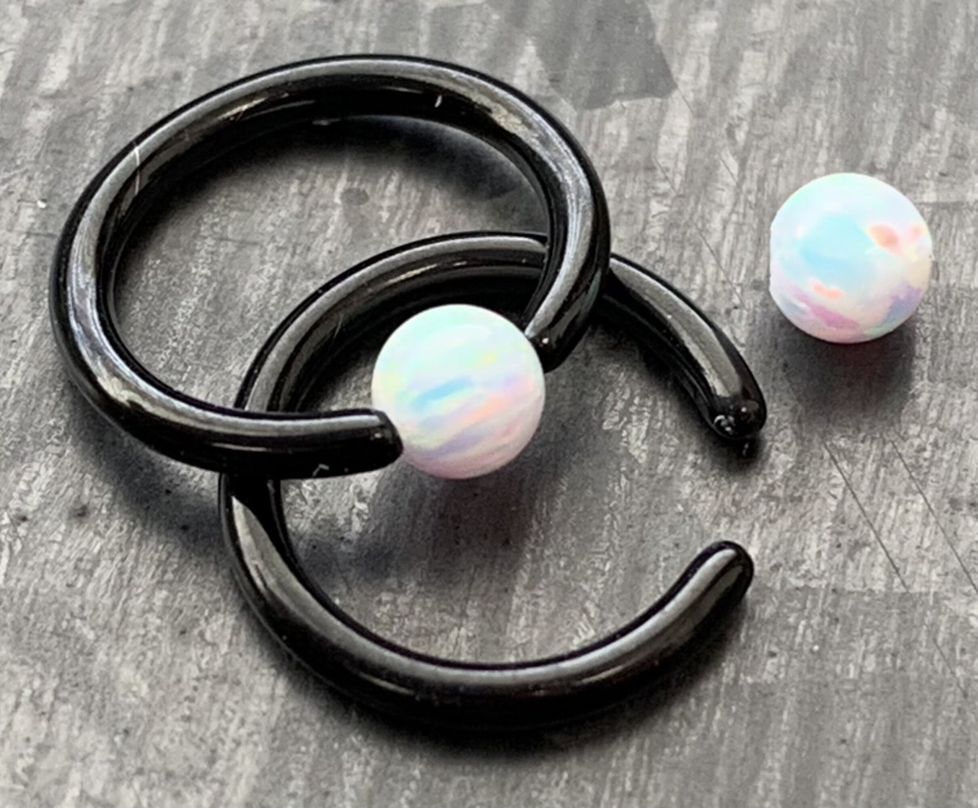 PAIR of Beautiful Synthetic Opal Ball Ion Plated Captive Bead Rings - 16g - 5/16" (8mm) - Black, Gold, Rose Gold and Rainbow Available!