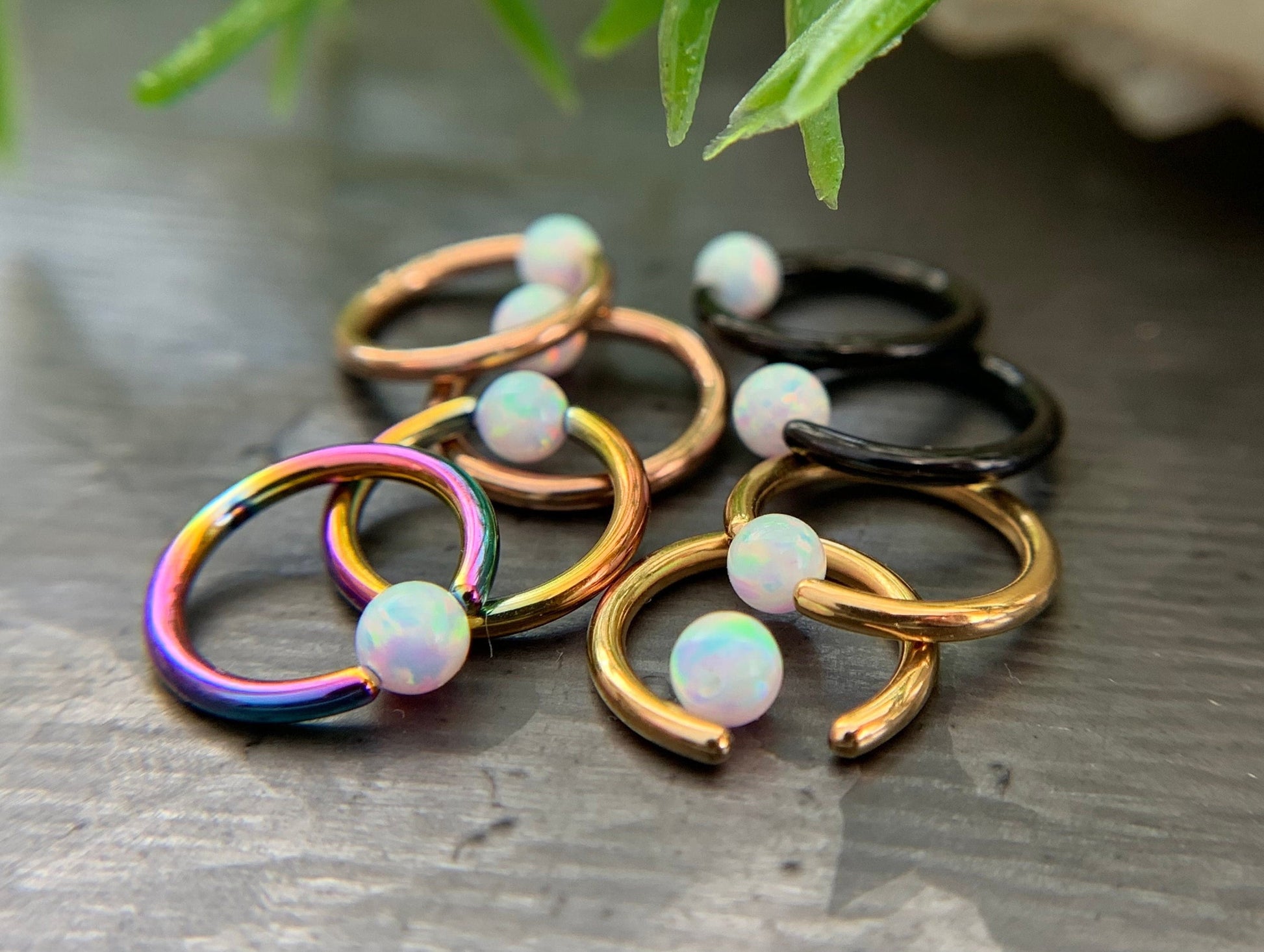 PAIR of Beautiful Synthetic Opal Ball Ion Plated Captive Bead Rings - 16g - 5/16" (8mm) - Black, Gold, Rose Gold and Rainbow Available!