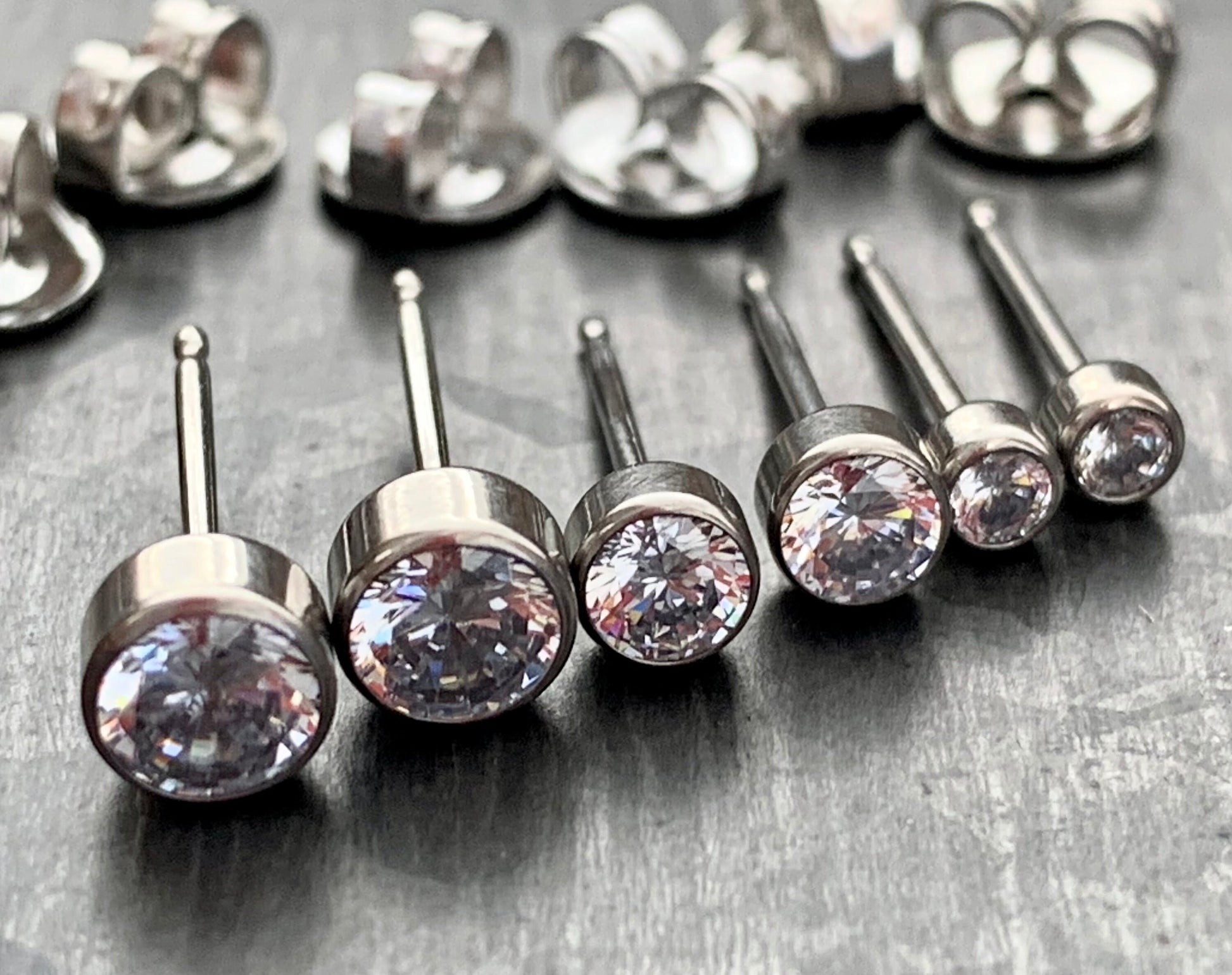 PAIR of Stunning Bezel Set CZ Gem 6AL-4VELI ASTM F136 Implant Grade Titanium Stud Earrings - 2.5mm thru 5mm Available!