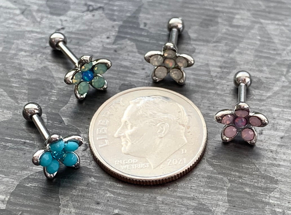 1 Piece Stunning Opalite & Opal Flower Steel Tragus Cartilage Barbell Ring - 16g - 1/4"(6mm) - Blue, Pink, Turquoise and White Available!