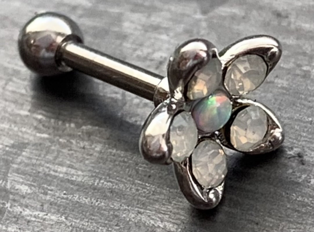1 Piece Stunning Opalite & Opal Flower Steel Tragus Cartilage Barbell Ring - 16g - 1/4"(6mm) - Blue, Pink, Turquoise and White Available!
