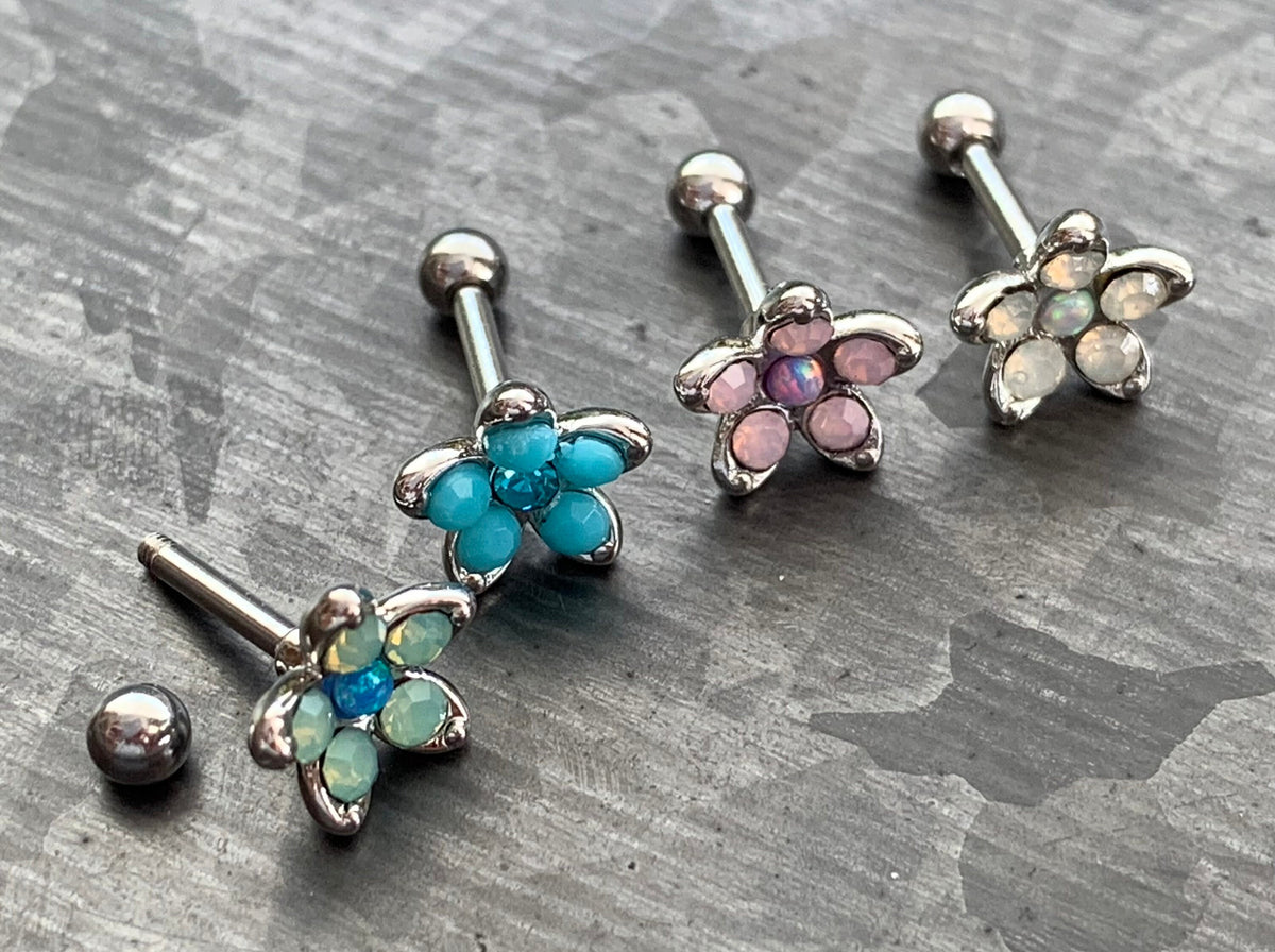 1 Piece Stunning Opalite & Opal Flower Steel Tragus Cartilage Barbell Ring - 16g - 1/4"(6mm) - Blue, Pink, Turquoise and White Available!