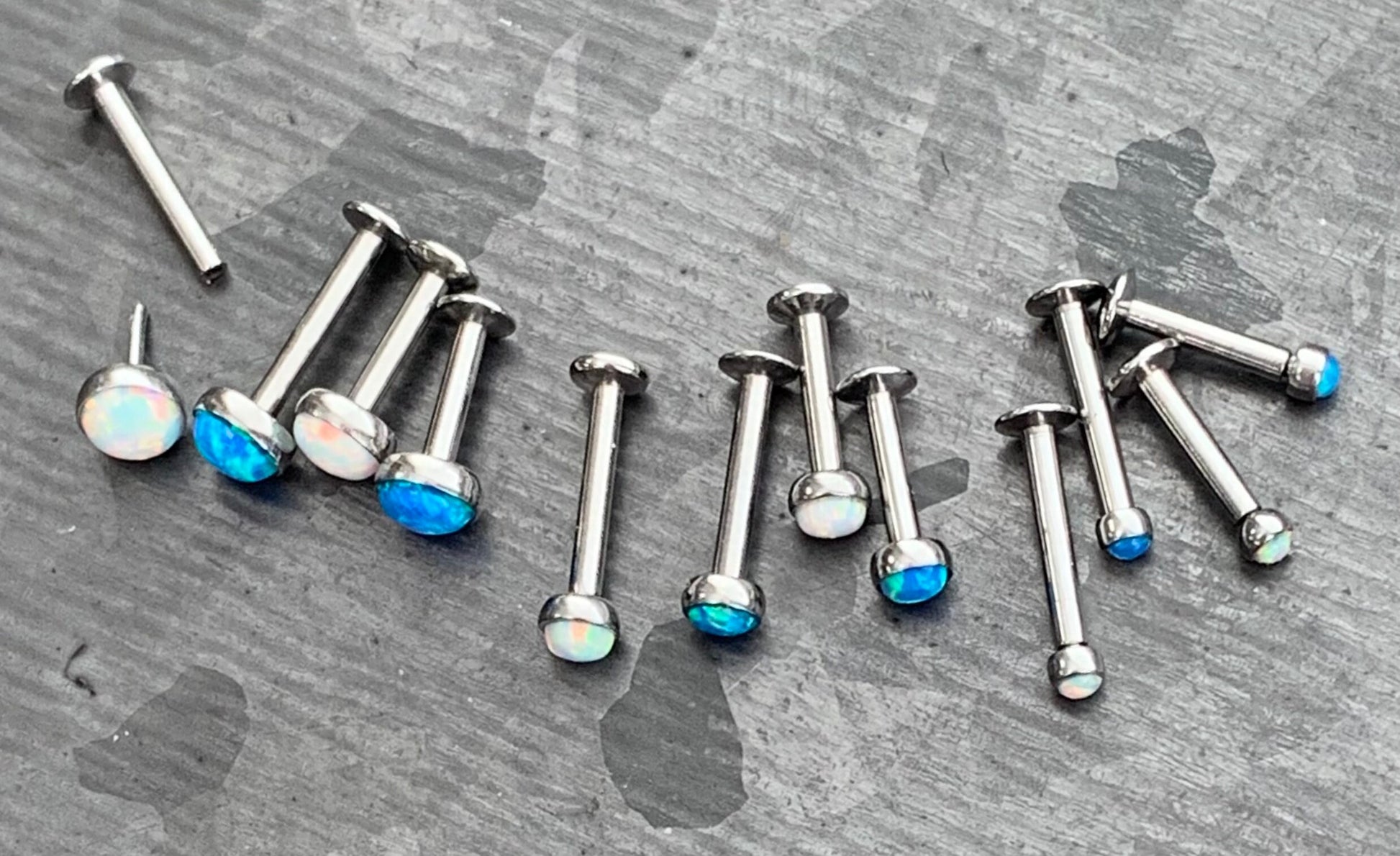 1 Piece Unique Push In Opal Dome Labret Monroe Stud Lip Ring- 16g - Length: 6mm or 8mm - Gem Size 2, 3 or 4mm - White or Blue Available!