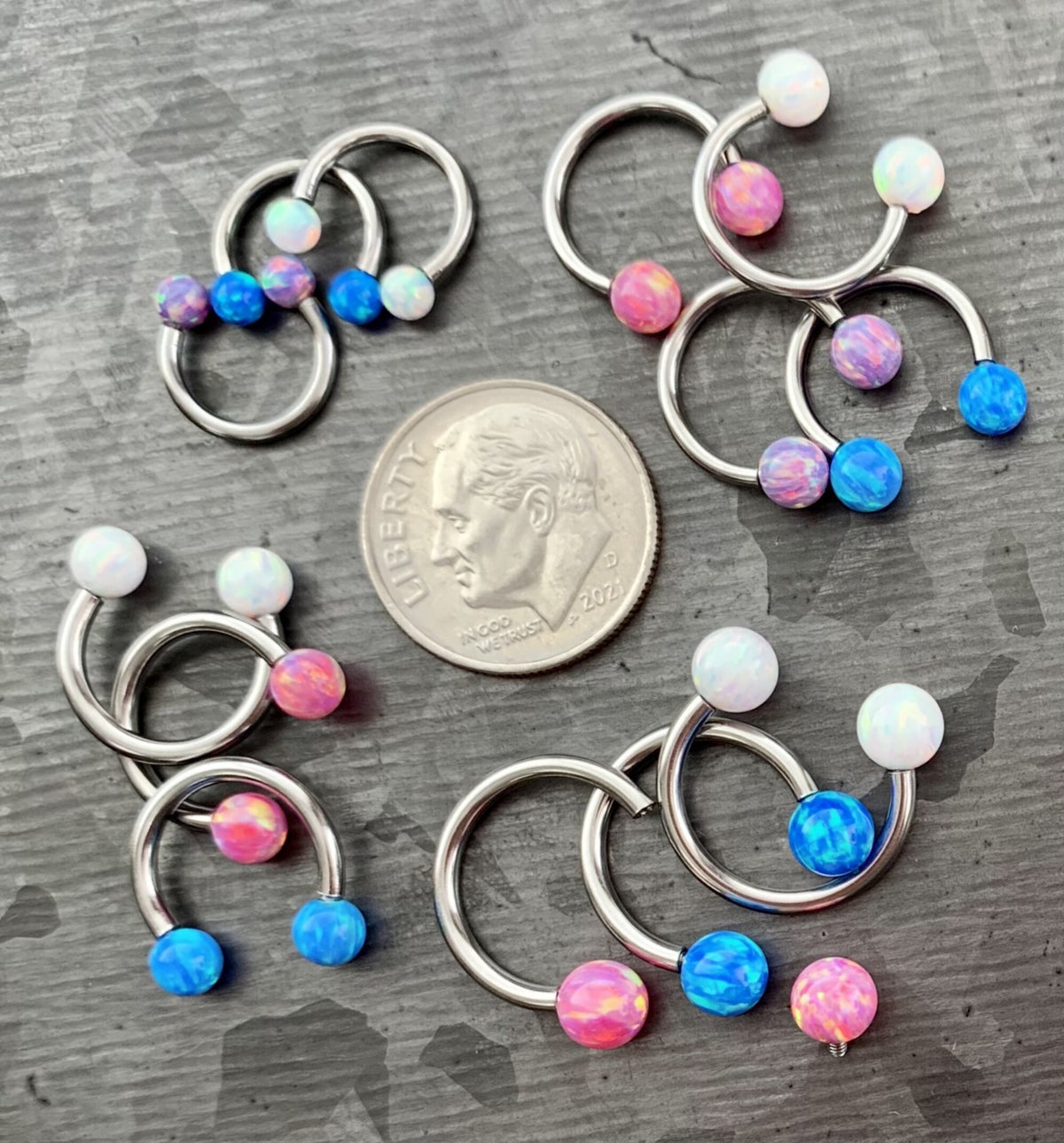 1 Piece of Opal Balls Circular Horseshoe Septum Ring - 16g, 14g - Internal Diameter 8mm, 10mm, 12mm - White, Pink, Blue or Purple Available!
