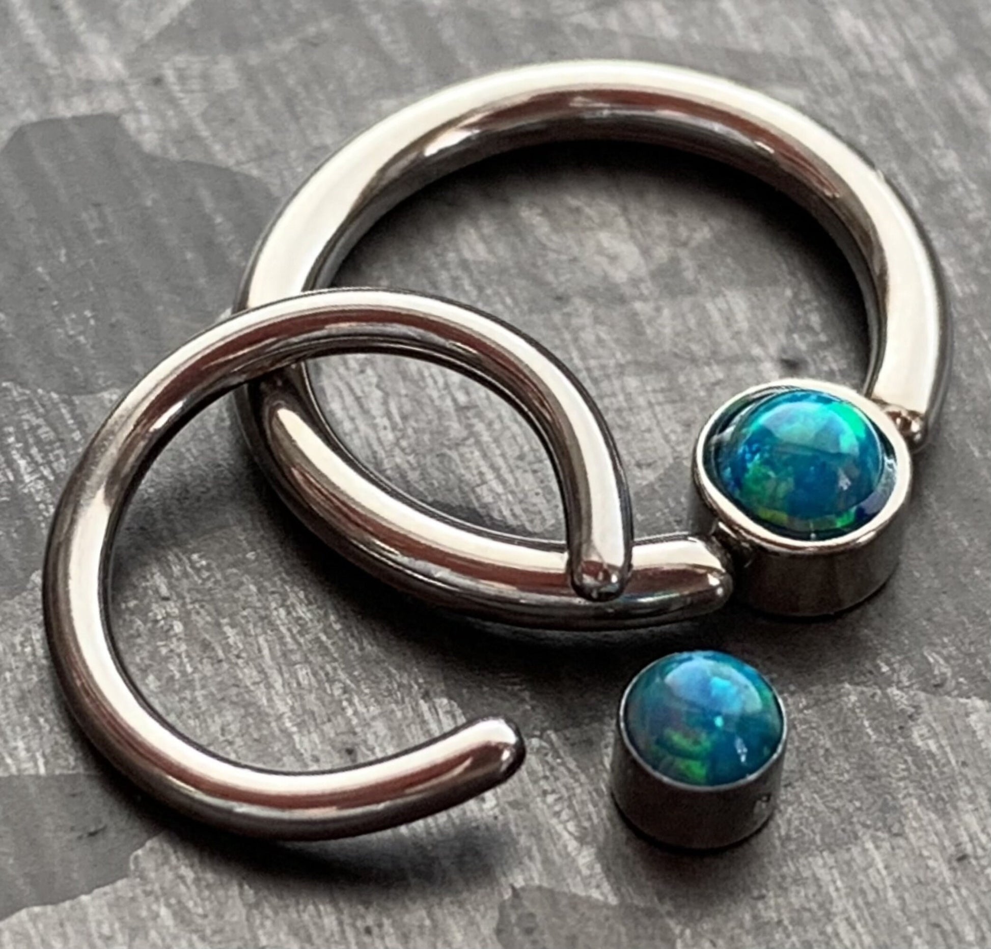 1 Piece of Opal Set Flat-Back Captive Bead Septum Ring - 16g or 14g - 8mm or 10mm - White, Purple, Blue, Pink or Green Available!