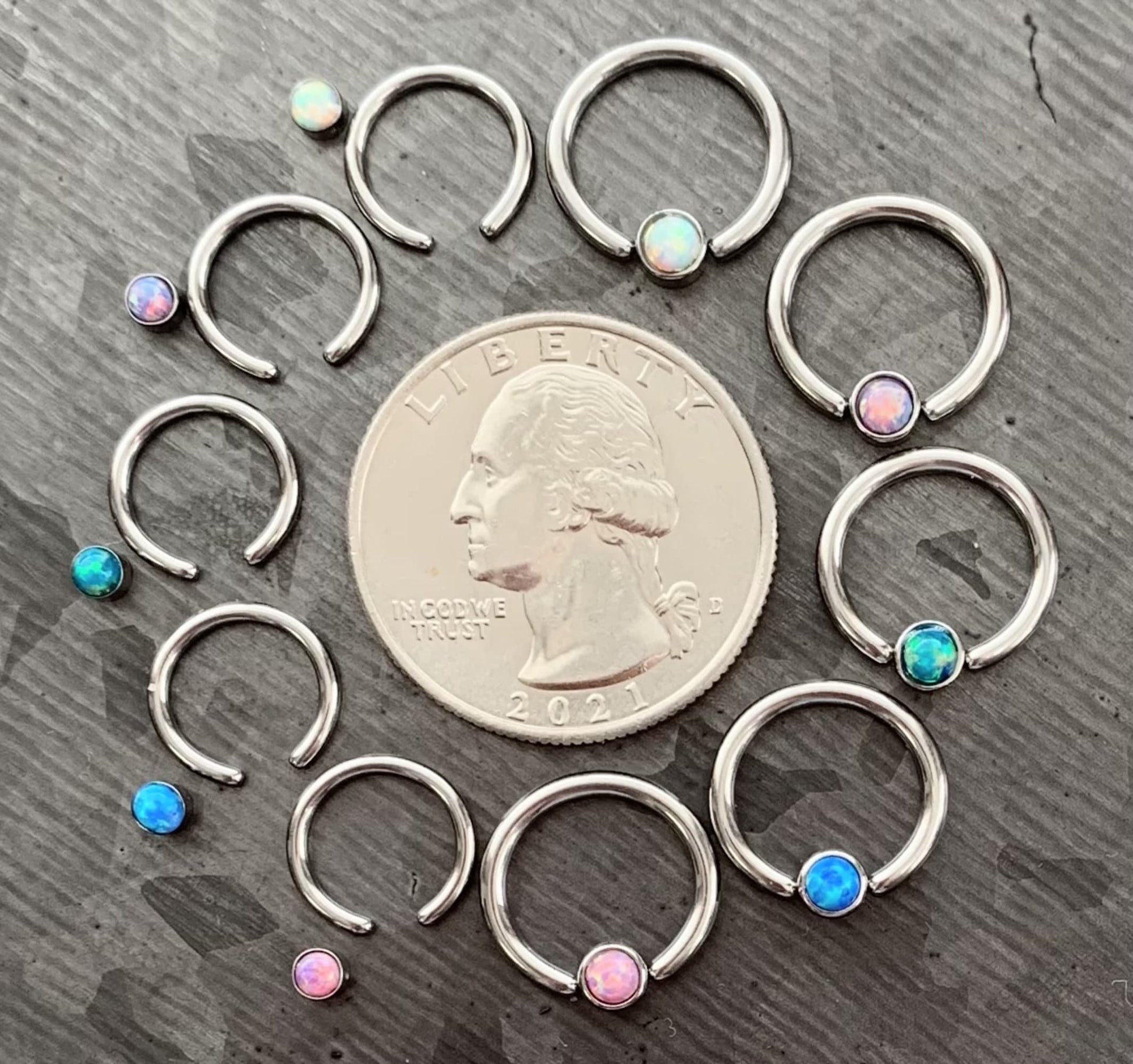 1 Piece of Opal Set Flat-Back Captive Bead Septum Ring - 16g or 14g - 8mm or 10mm - White, Purple, Blue, Pink or Green Available!