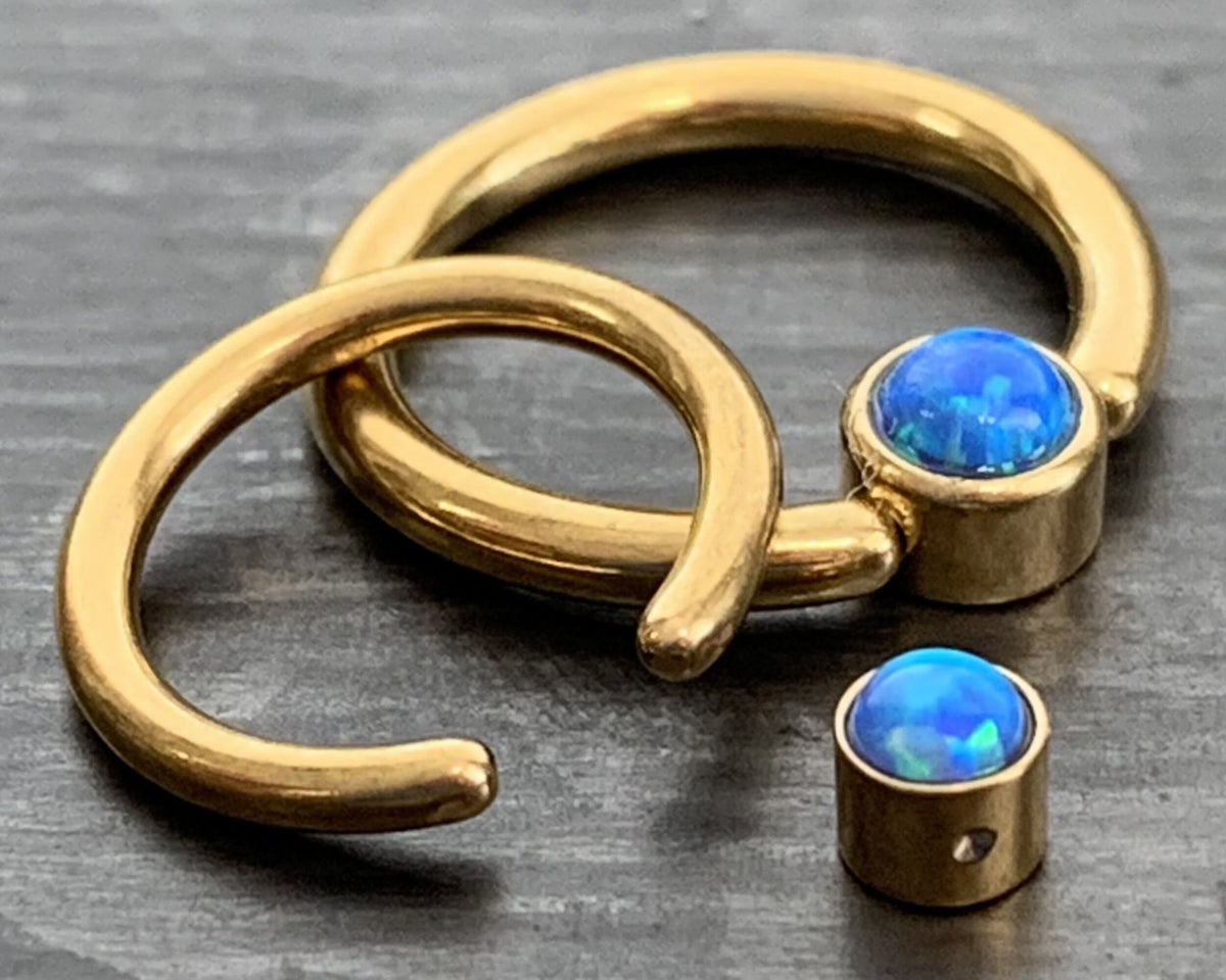 1 Piece Beautiful Gold Opal Set Flat-Back Black Plated Segment Septum Ring - 16g or 14g - 8mm or 10mm - White, Purple, Blue Available!