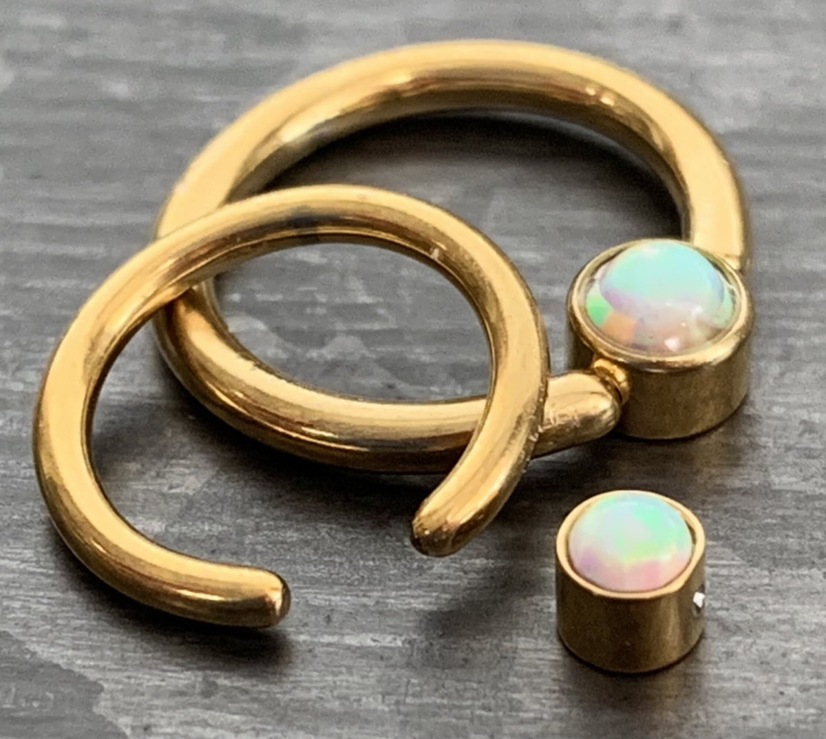 1 Piece Beautiful Gold Opal Set Flat-Back Black Plated Segment Septum Ring - 16g or 14g - 8mm or 10mm - White, Purple, Blue Available!