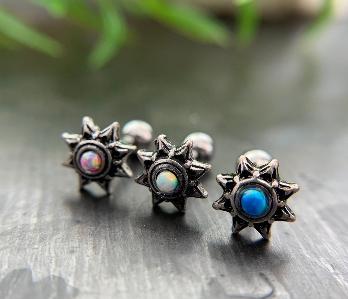 1 Piece Opal Set Tribal Sun Labret- Helix Stud Ring - 16g - 1/4" (8mm) - White, Blue & Pink Available!