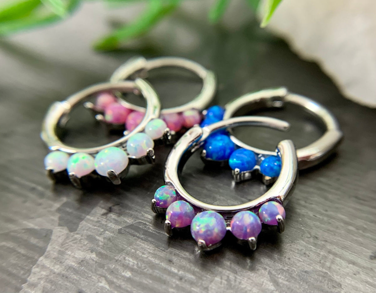 1 Piece Stunning Five Opal 316L Surgical Steel Hinged Septum Segment Ring - 16g - Blue, Pink, Purple and White Available!