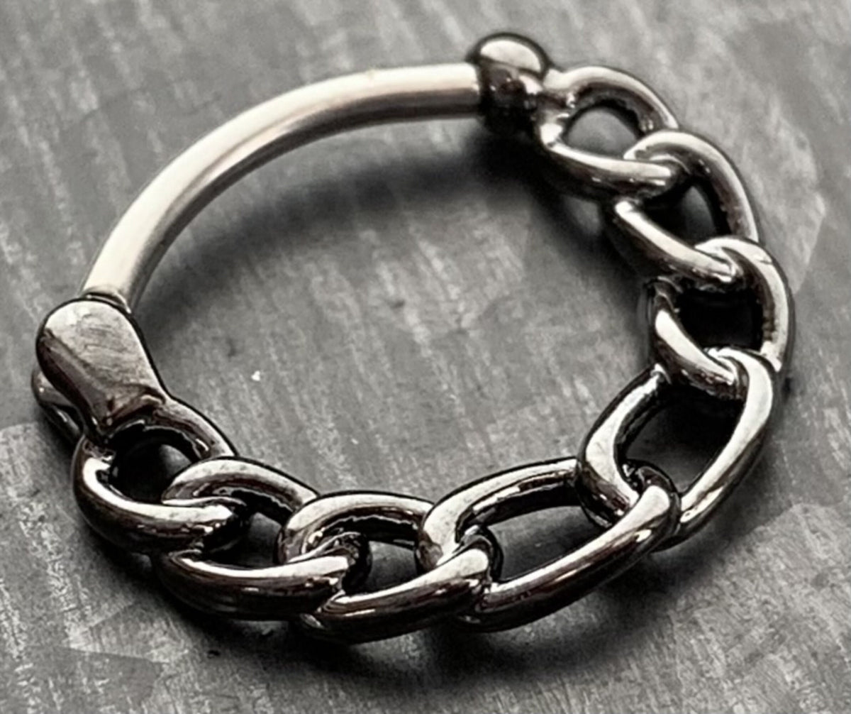1 Piece Unique Chain Surgical Steel Septum Clicker Nose Ring - 16g - Steel, Gold Plated and Hematite Plated Available!