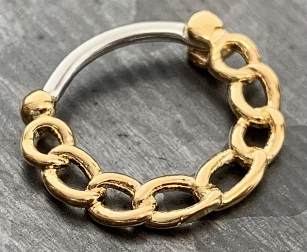 1 Piece Unique Chain Surgical Steel Septum Clicker Nose Ring - 16g - Steel, Gold Plated and Hematite Plated Available!