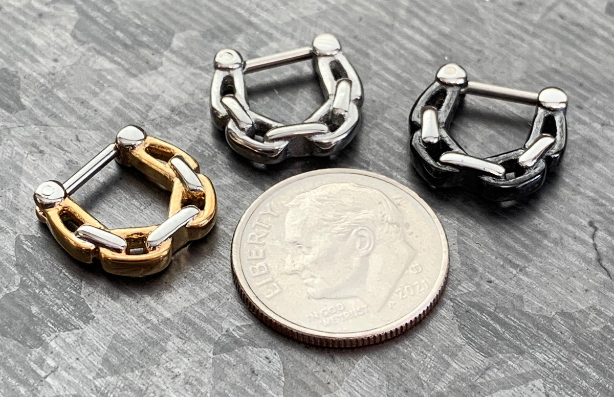 1 Piece Unique Linked Chain 100% Surgical Steel Septum Clicker Nose Ring - 16g or 14g - Steel, Gold and Black Available!