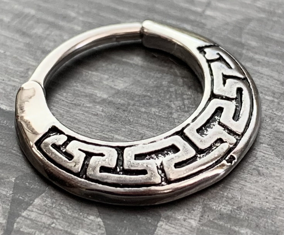 1 Piece Unique Maze Tribal Fan Surgical Steel Septum Clicker Ring - 16g - Antique Gold and Steel Available!